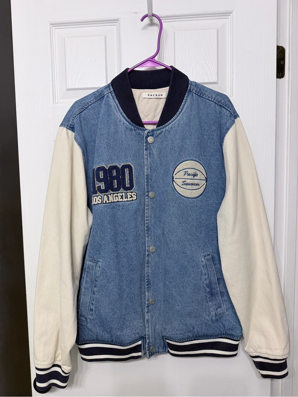 PacSun Denim Blue and Ivory Letterman Jacket NWOT